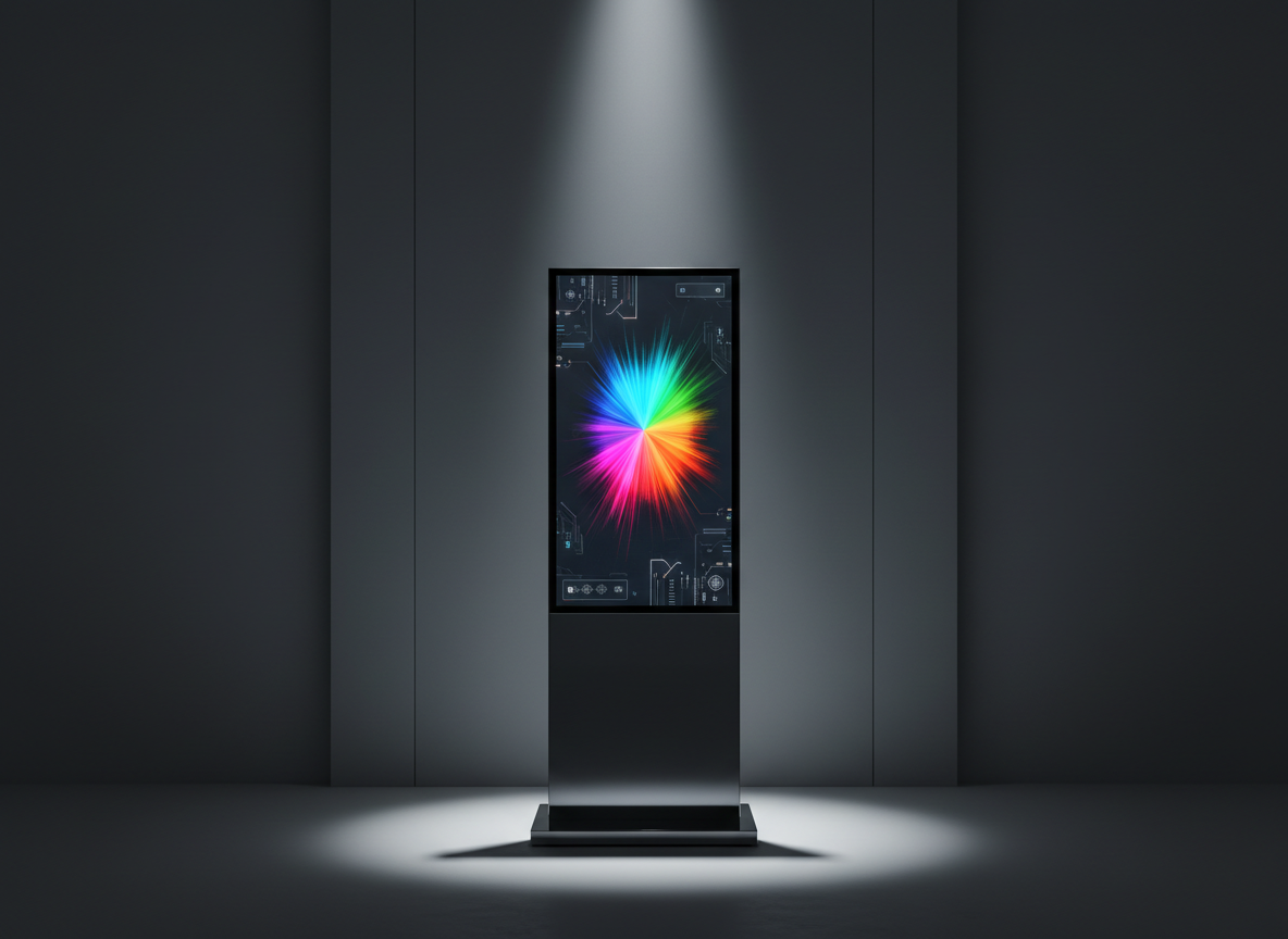 A slender, high-resolution LED video screen, its black frame sleek and modern, displaying an abstract spectrum of vibrant color pulses against a predominantly dark interface. The screen stands alone on a polished, reflective pedestal, surrounded by a broad minimalist background in muted charcoal tones. A focused, top-down spotlight generates precise, narrow shadows, illuminating the screen’s colors and producing a glowing halo effect. Captured in a centered, eye-level shot with crisp photographic clarity, the image conveys a dynamic, high-tech atmosphere, underlining the site’s cutting-edge visual event offerings.