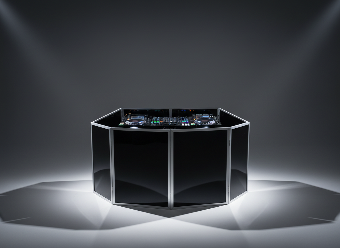 A striking DJ booth constructed from glossy black acrylic with metallic silver accents, featuring an array of colorful LED-lit mixers and turntables, all immaculately arranged on a pristine minimalist stage. The setup is positioned in front of a deep matte charcoal backdrop with no discernible distractions. Dramatic side lighting from powerful stage lights casts sharp, crisp shadows across the equipment, intensifying metallic reflections and highlighting sleek lines. The scene is captured at eye level, the booth centered in the frame, achieving maximum focus and impact. The mood is bold and energetic, embodying the excitement of a professional DJ event with photographic realism and a clean, modern, minimalist style.