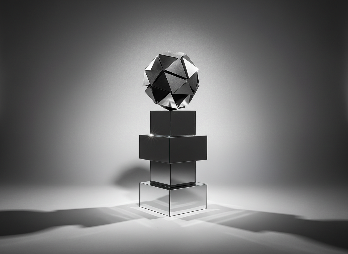 A bold event decoration centerpiece featuring a glossy mirrored acrylic stand supporting an abstract geometric sculpture made of matte black and silver triangles. The sculpture is set on a flawless minimalist surface before a perfectly smooth, gradient background transitioning from charcoal at the base to silvery gray at the top. A sharply directed spotlight from the front and slightly above creates crisp, dramatic shadows and brilliant reflections on the acrylic, enhancing every edge and surface. The composition is tightly framed and perfectly balanced, expressing the energetic, high-impact personality of the brand with a minimalist, photographic style.