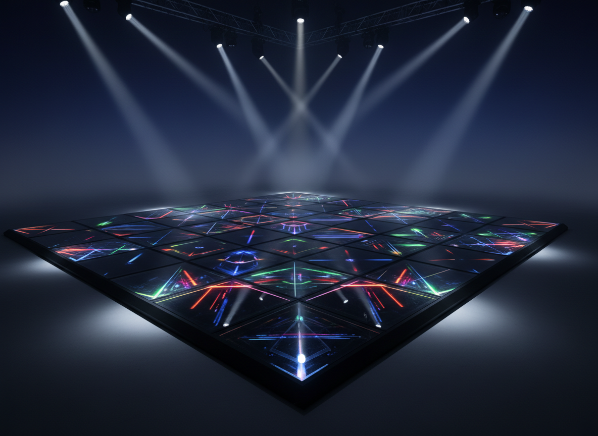 An ultra-modern, modular dance floor made of high-gloss black panels with embedded RGB LED strips in geometric patterns, radiating vibrant colors. The floor is set in a spacious venue with a seamless gradient background fading from deep indigo to a subtle charcoal gray, creating spatial depth without distractions. Overhead directional spotlights cast sharp-edged triangles of light, making the LED patterns stand out while bold, crisp shadows enhance the floor’s angular lines. The composition uses a slightly elevated perspective, capturing the polished surface reflections for maximum visual drama. The overall atmosphere is energetic, futuristic, and perfectly suited for a high-impact DJ event site.