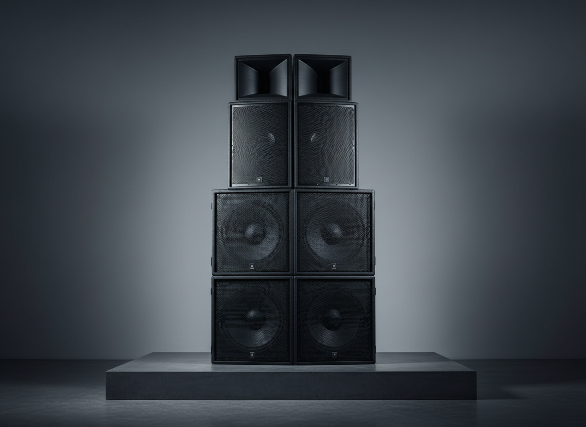 A stack of powerful, matte-black PA speakers with textured surfaces and precise metallic grilles, arranged symmetrically on a minimalist raised platform. Positioned against a smooth, nearly featureless slate-gray background, the speakers appear almost sculptural. High-intensity directional lighting from one side casts pronounced, crisp shadows, emphasizing the bold forms and rich textures of the speaker surfaces. Photographed from a low-angle perspective to create a sense of imposing presence and raw auditory power, the image uses a sharp focus and minimalist framing. The mood is authoritative and bold, reinforcing the site’s commitment to premium sound for events.