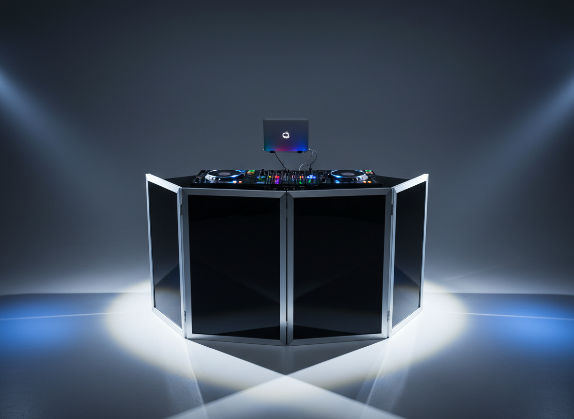 A striking DJ booth constructed from glossy black acrylic with metallic silver accents, featuring an array of colorful LED-lit mixers and turntables, all immaculately arranged on a pristine minimalist stage. The setup is positioned in front of a deep matte charcoal backdrop with no discernible distractions. Dramatic side lighting from powerful stage lights casts sharp, crisp shadows across the equipment, intensifying metallic reflections and highlighting sleek lines. The scene is captured at eye level, the booth centered in the frame, achieving maximum focus and impact. The mood is bold and energetic, embodying the excitement of a professional DJ event with photographic realism and a clean, modern, minimalist style.